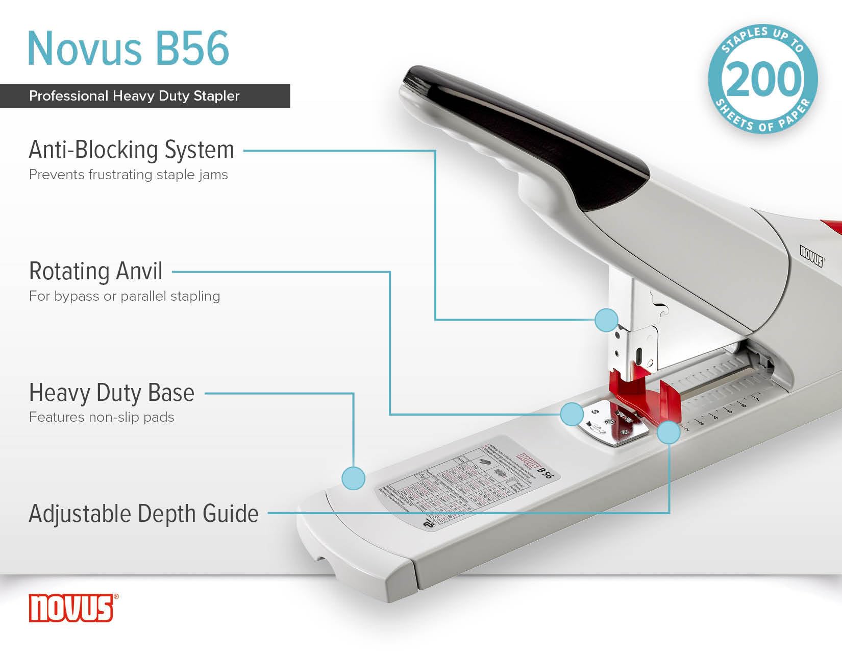 Novus - Cucitrice a blocco (da ufficio), B 56/3, 210 fogli, 65 mm, colore: Grigio chiaro/Nero