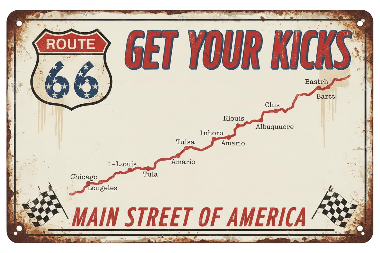 Route 66 Main Street America Tin Sign, 12x8 Inch Decor