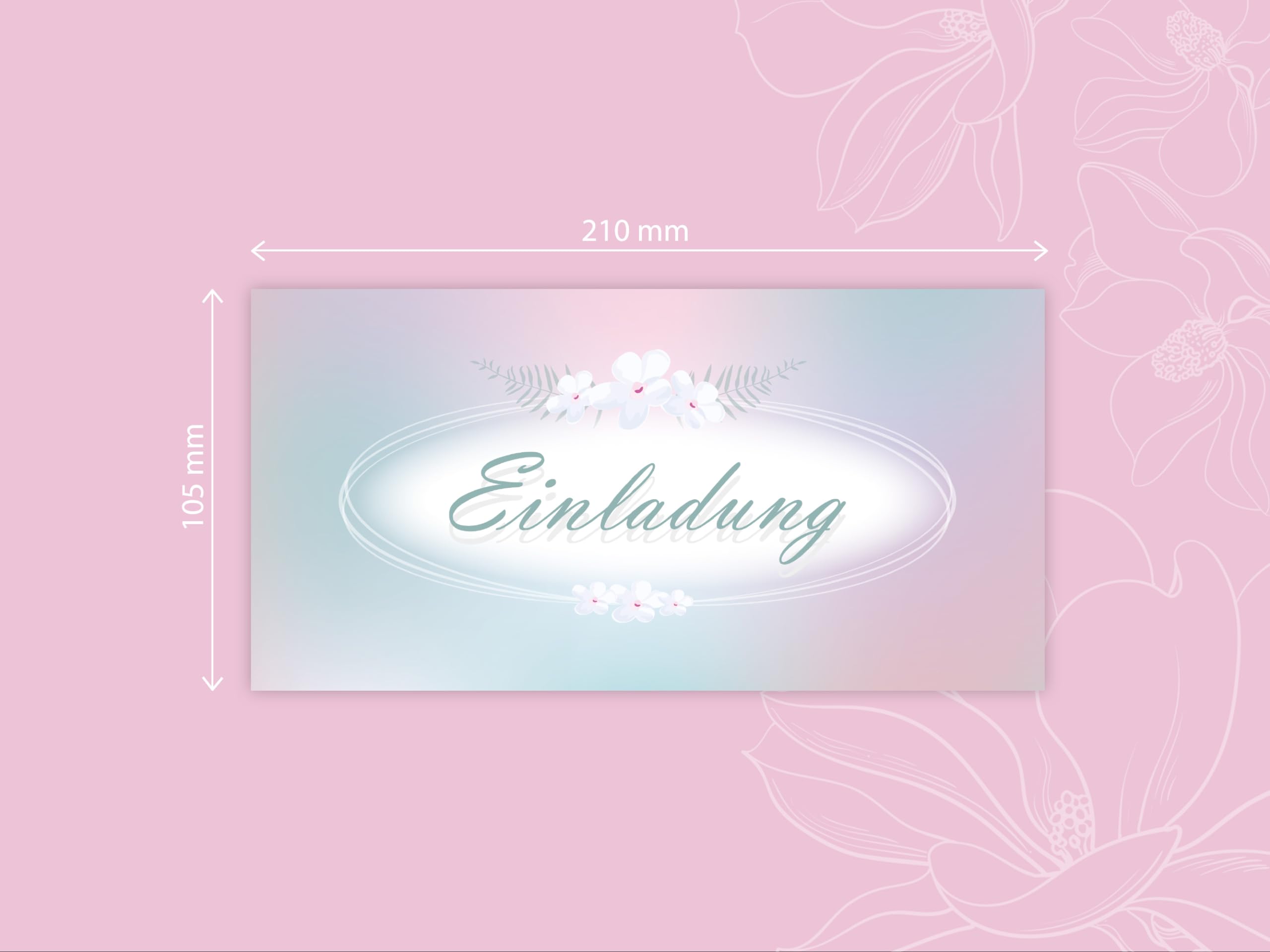 250 Einladungskarten für Hochzeit, Standesamt, Geburtstag, Konfirmation, Kommunion, Jugendweihe, Taufe, Geburtstag Jubiläum. Klappkarten DIN lang (21 x 10,5 cm). Romantische Blumen grüne Blätter