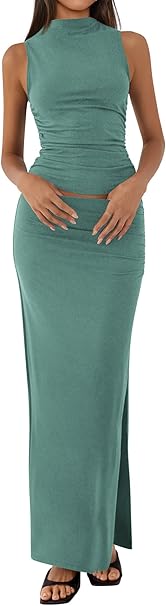 BTFBM Summer Two Piece Skirt Set for Women 2025 Dressy Lightweight Sleeveless Knit Top Going Out Split Maxi Skirt Set