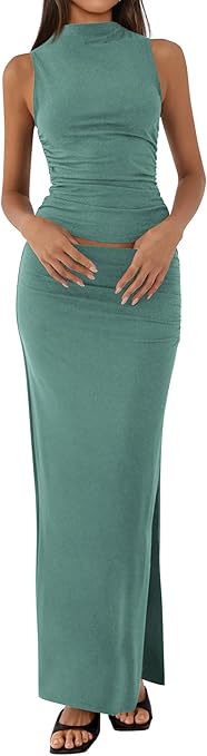 BTFBM Summer Two Piece Skirt Set for Women 2025 Dressy Lightweight Sleeveless Knit Top Going Out Split Maxi Skirt Set