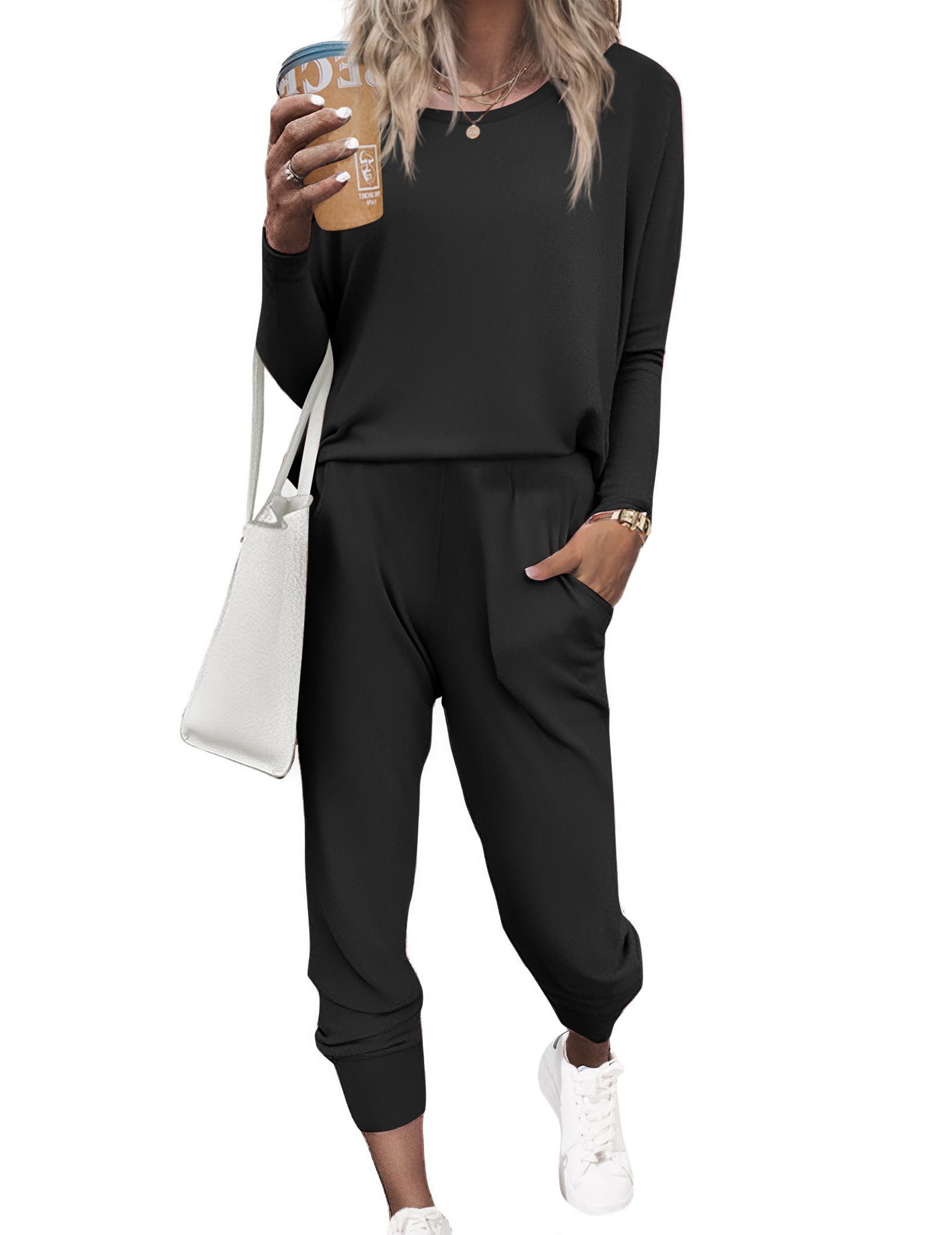 EkouaerWomen's Pajama Sets Casual 2Pcs Sleepwear Long Sleeve Pullover Tops Long Joggers Pants with Pockets, Black, Medium
