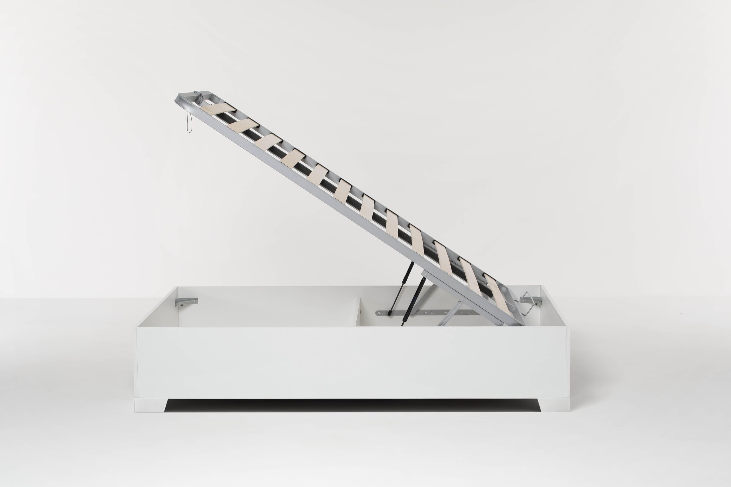 Letto Contenitore Bed Box da una piazza e mezza 120x190 cm, Bianco, con piedini, con Rete a Doghe e Sistema di Sollevamento