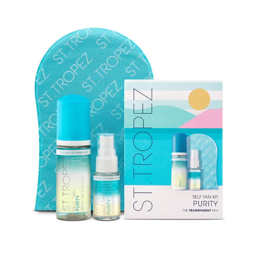 St.Tropez Self Tan Purity Starter Kit, Travel Size, Tanning Bronzing Water Mousse 50ml, Face Mist 14ml, Applicator Mitt, Vegan, Natural & Cruelty Free