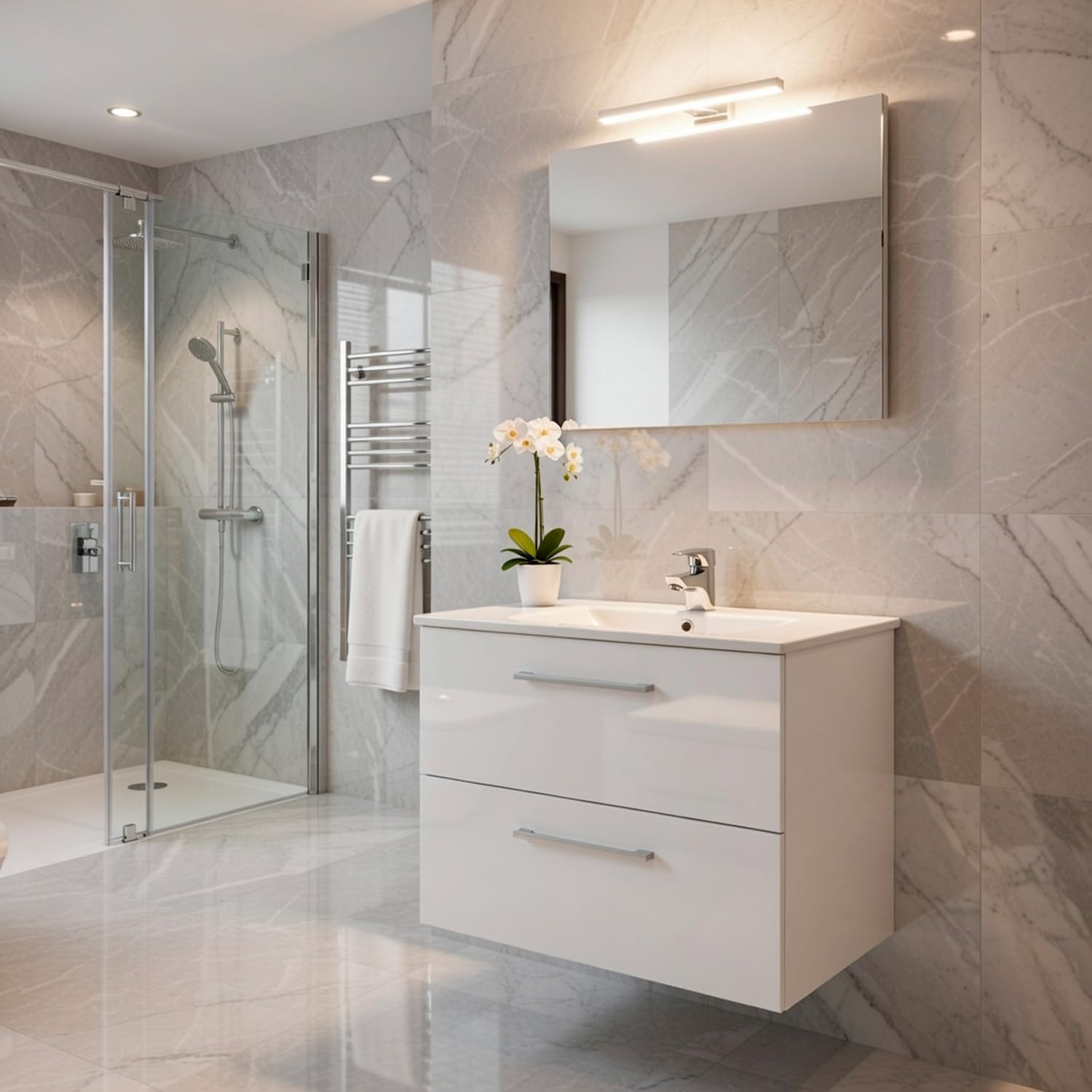 Bricozone Mobile Bagno Sospeso 80 Cm Con Lavabo In Ceramica Specchio E Led Da 45 Cm Bianco 2 Cassetti Chiusura Assistita Per Arredo Bagno Contemporaneo (Mobile Lavabo e Specchio con Led da 45 Cm)