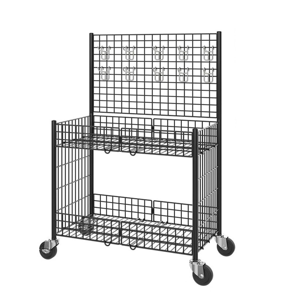 Großer Rollwagen aus Metalldraht mit Haken – faltbares tragbares Bauernmarktregal für Verkäufer, Gitterständer (schwarz) – ideal für Messen und Handwerksmessen