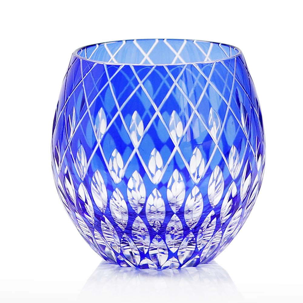 Japanese Style EDO Kiriko Whiskey Glasses 11OZ Unique Shape Colored Hand Carved Crystal Glass Tumbler for Bourbon Lovers - Style Glassware for Rum - Rocks Glasses in Gift Box (Sky Blue)