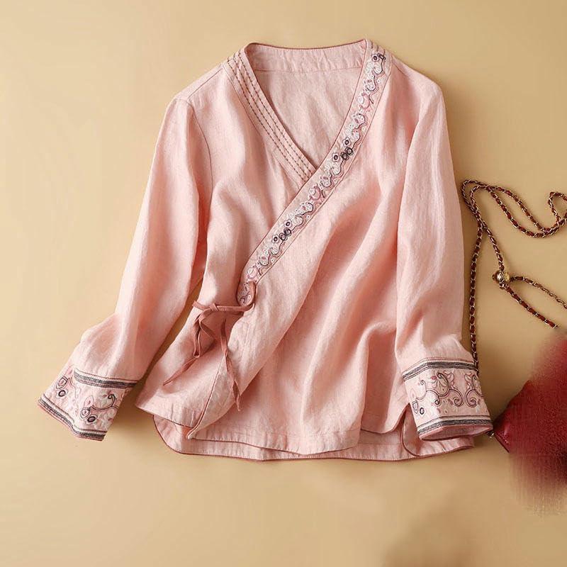 Women's Autumn Literary Retro Loose Fit Cardigan Embroidered Crochet V-Neck Long Sleeve Cotton Linen Top