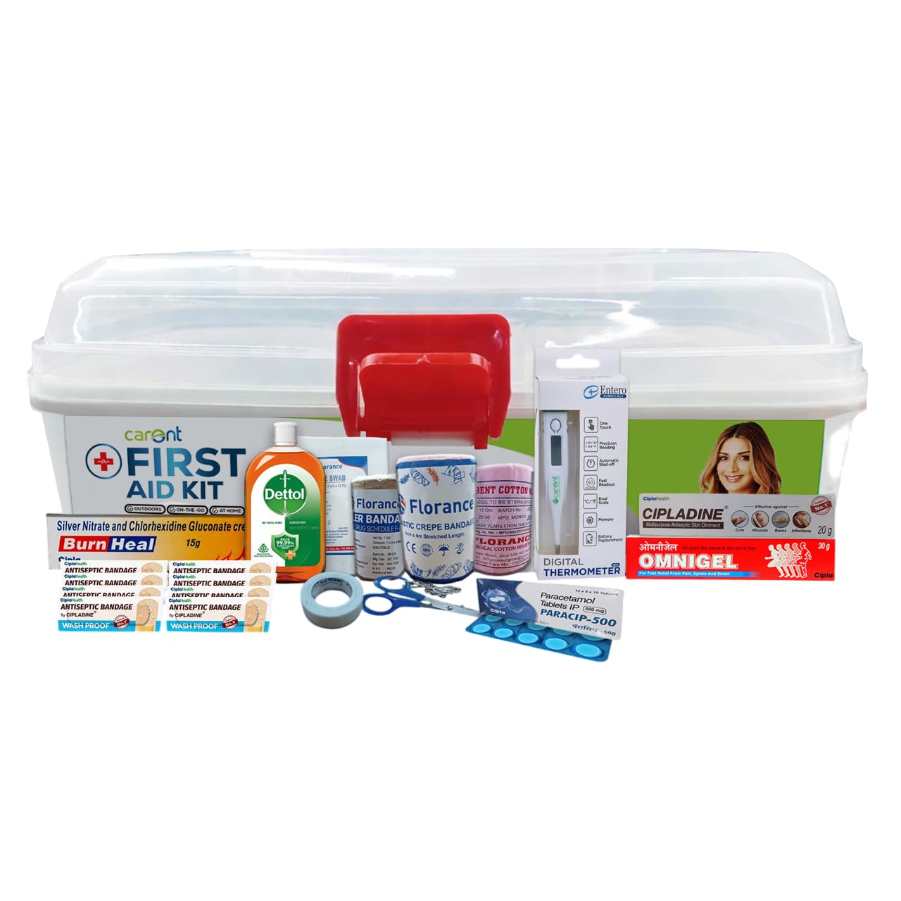 Carent Small First Aid Kit for Home, Office & Travel | 13 Essential Medical Supplies | Burn Cream, Antiseptic, Bandages, Thermometer & More | Emergency Care Kit