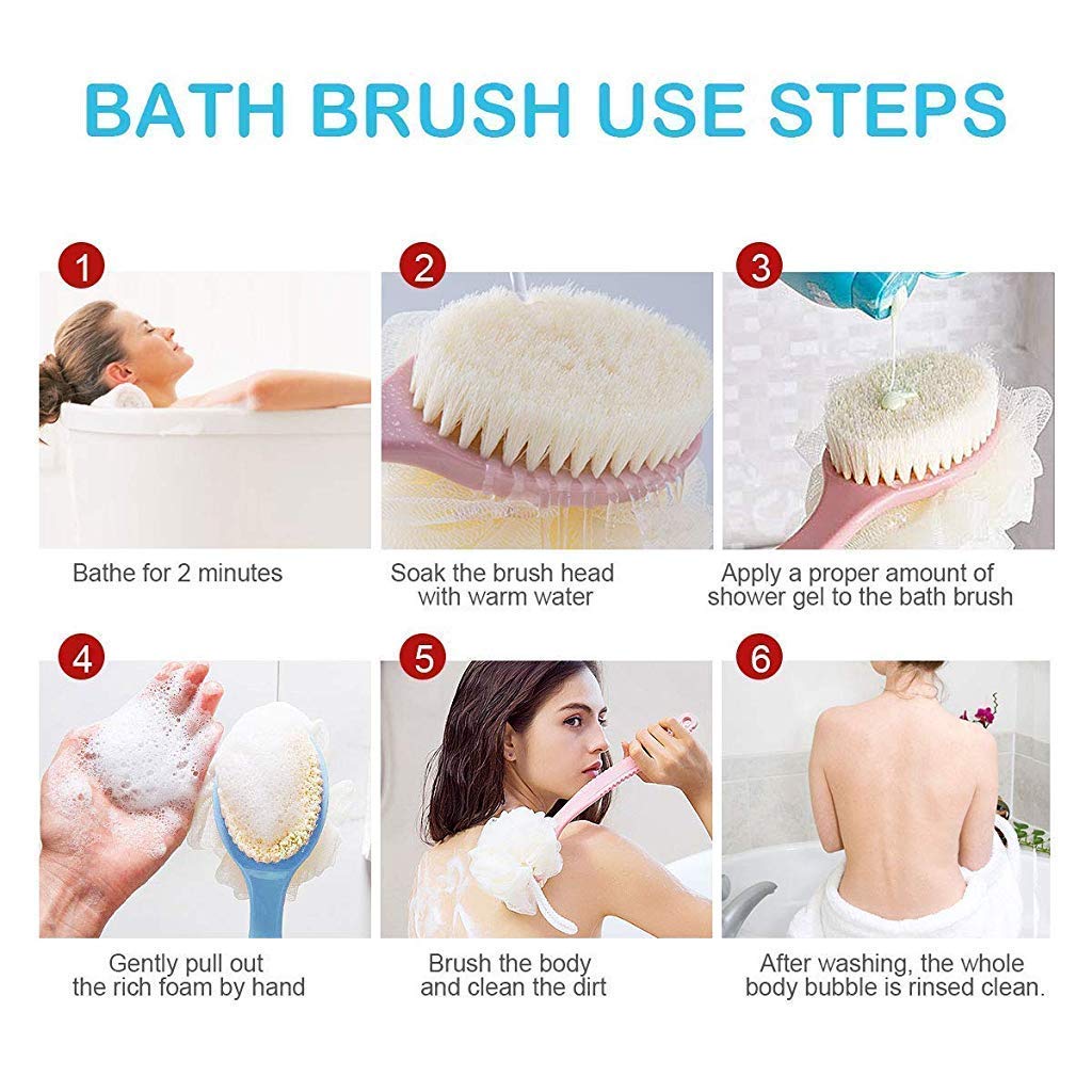 Jemei Back Scrubber Body Brush Loofah Dry Brushing Body Brush with handle for shower with Loofah, Bath Brush Mesh Sponge with Curved Handle for Men and Women, Pink, Blue 3