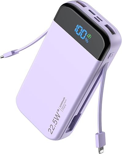 Cargador portátil de batería con cables integrados, 32000 mAh, 22.5 W, USB C, carga rápida, 5 salidas 3 entradas, paquete de baterías esenciales de