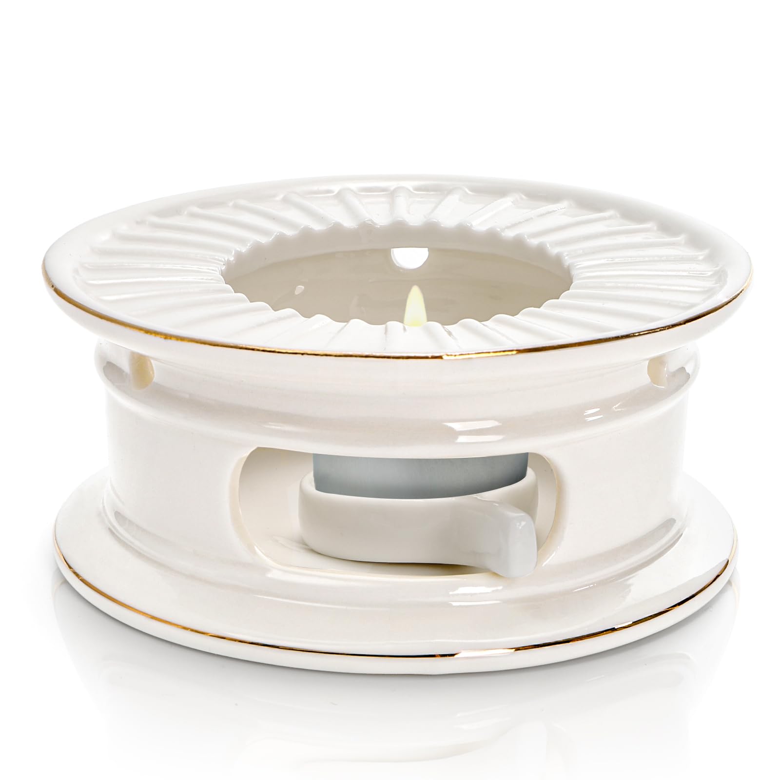 Nagpew Ceramic Teapot Warmer, Gold Rim Teapot Heater with Candle Holder, White Porcelain Tea Kettle Holder Warming Base for Heating Coffee, Milk, Water, Soup
