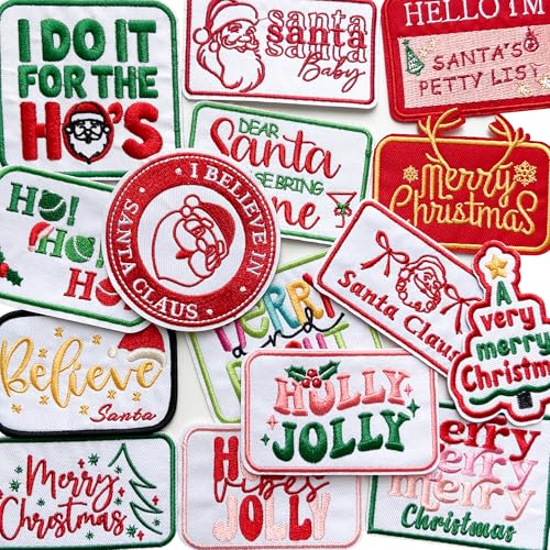 Xyntara 15 Pcs Christmas Phrase Iron on Patches Xmas Decorative Word Sew on Embroidered Applique Repair Patches DIY Crafts Accessories for Clothing Jackets Jeans Hats Backpacks