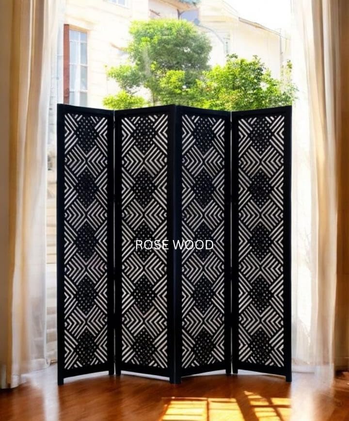 Image of Wooden Room Divider 6 Feet, 4-Panel Folding Wooden Partition for Living Room, Office, Pooja Room, Restaurant, Kitchen & Balcony (2W x 1.82H Meters). (Black-Lattice Pattern)