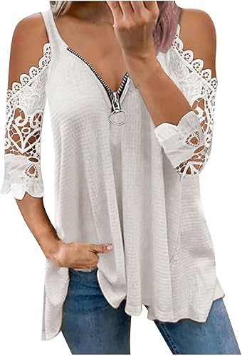 JEGULV 2023 Womens Summer Cold Shoulder Tops Strappy Tshirt Casual Dressy Short Sleeve Zip Up V Neck Tunic T Shirt Blouse