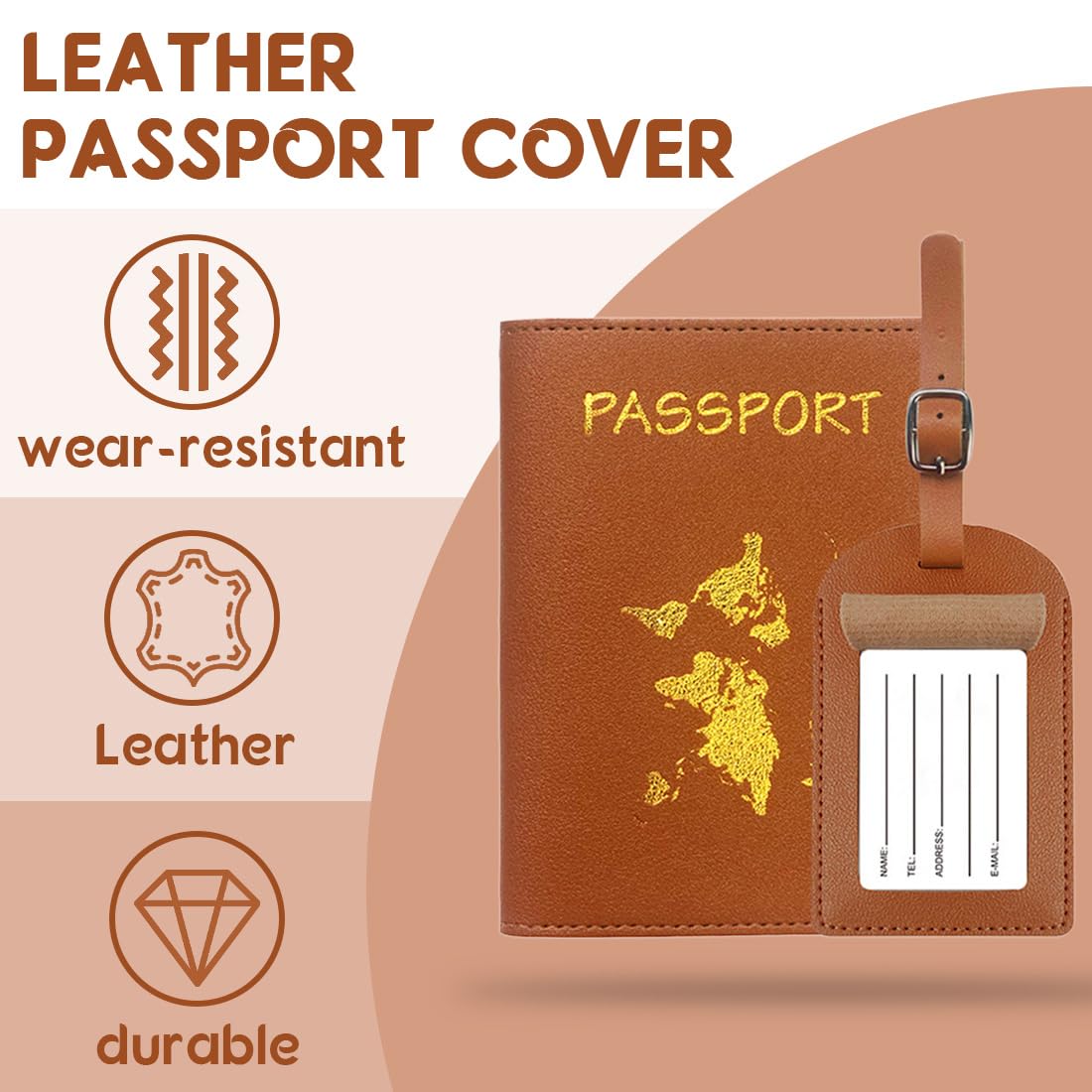 2 Pezzi Custodie Porta Passaporto E 2 Etichette Valigie, Da Viaggio In Pelle Pu, Per Bagagli, Supporto Per Carte D'Identità (Giallo, Marrone)