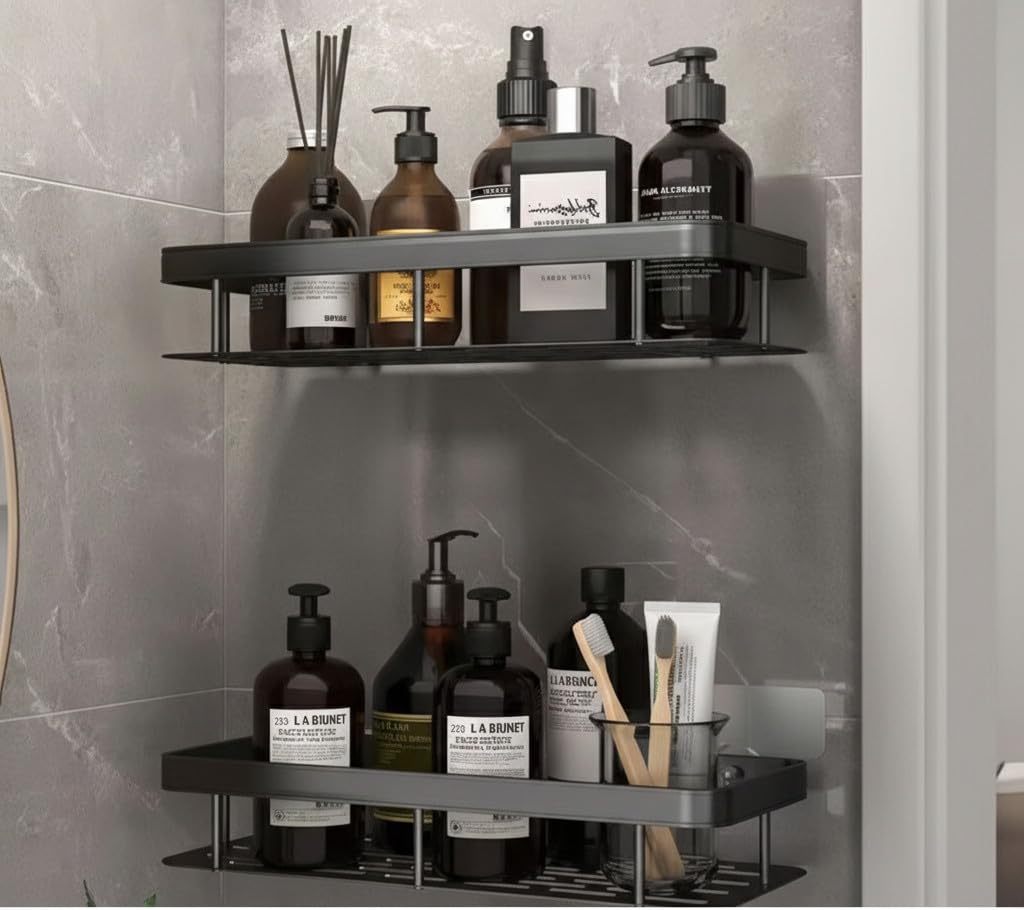 Product image of 2-Pack Shelf Adhesive Multipurpose Bathroom Storage Organizer Rack Shelf Wall Mounted (No Drilling) Bathroom Accessories Coated Finish - Black