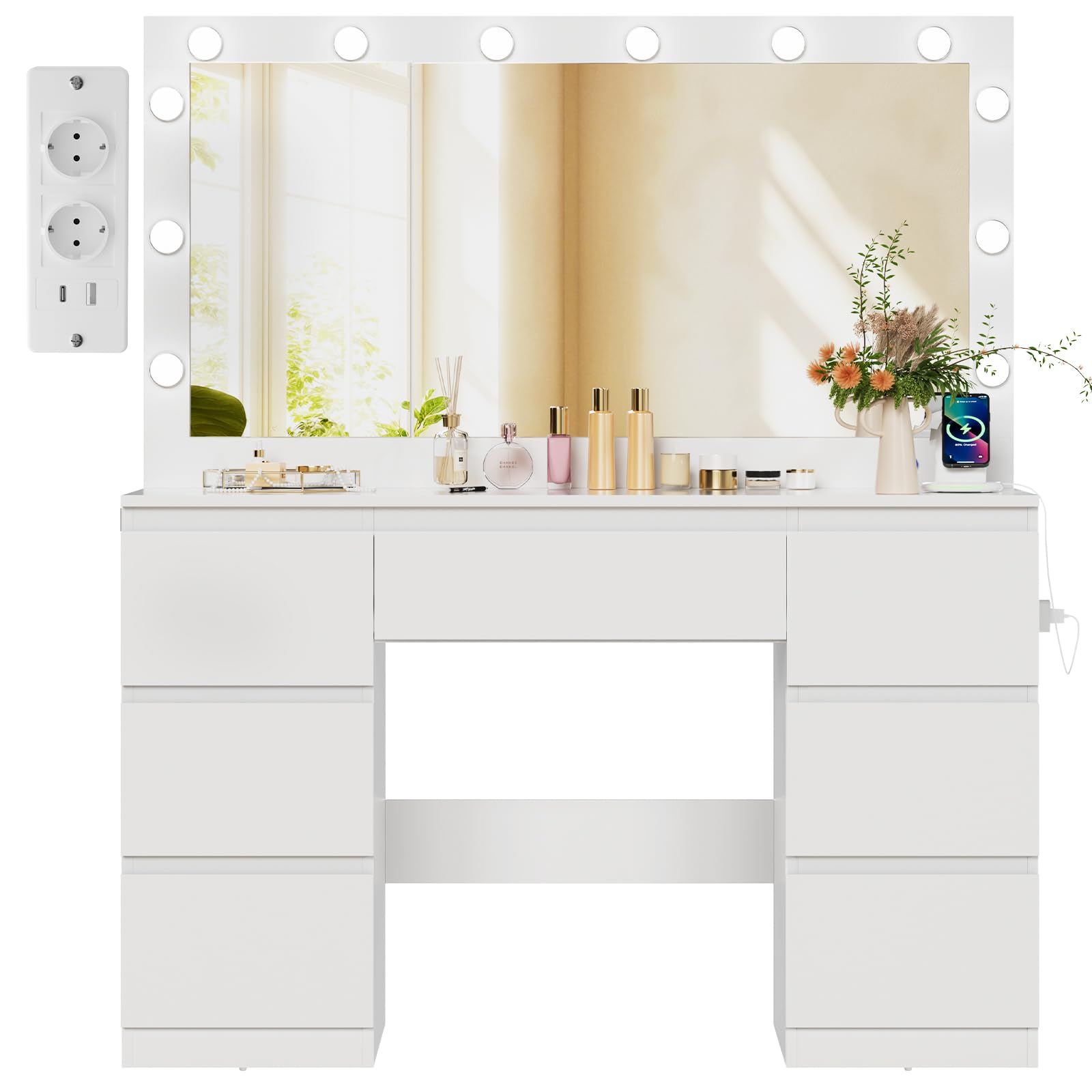 TRIUMPHKEY Tocador de Maquillaje con Luz Espejo Grande y Enchufes, 12 Luces LED Ajustables, Mesa de Maquillaje con 7 Cajones y Organizador de Joyas, 120x40x140 CM Moderno Blanco