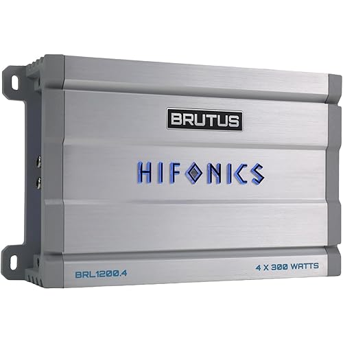 Hifonics Brutus BRL1200.4 car Audio Four Channel Amplifier Delivering 1200 watts RMS with a Built-in UV Meter and Intelligent Power Management System.