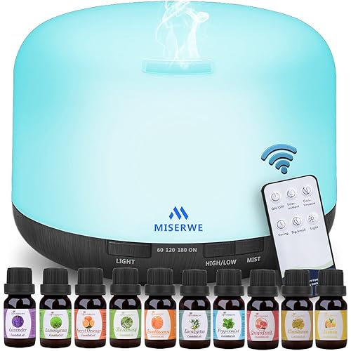 Miserwe Diffuser 500ML Essential Oil Diffuser with Adjustable Mist Mode and 4 Timer Setting Diffuser for Essential Oils Waterless Auto Shut-off for Home Office Yoga Spa