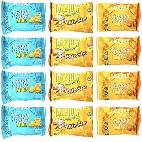 Late July Organic Non-GMO Mini Crackers 3 Flavor 12 Individual Pack Variety Bundle: (4) Peanut Butter Minis, (4) Cheddar Cheese Bite Size, and (4) Cheddar Cheese Minis, 1-1.25 Oz. Ea.