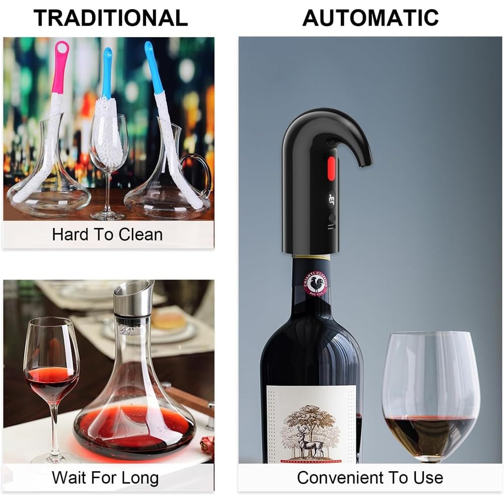 Aeratore e Decanter Elettrico A Doppia Pompa - Funzionamento Silenzioso, Misurazione del Versamento, Display della Temperatura e Ricarica USB