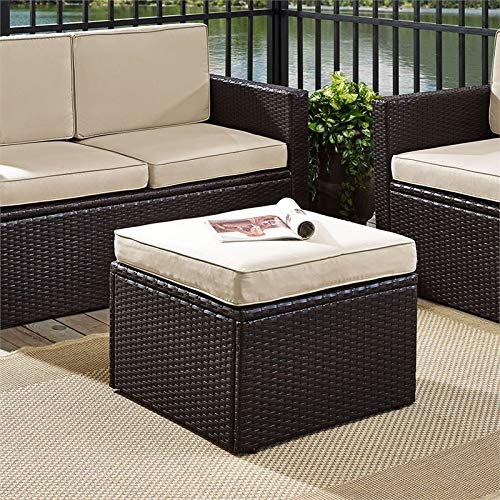 Pemberly Row Wicker Patio Ottoman with Sand Cushions