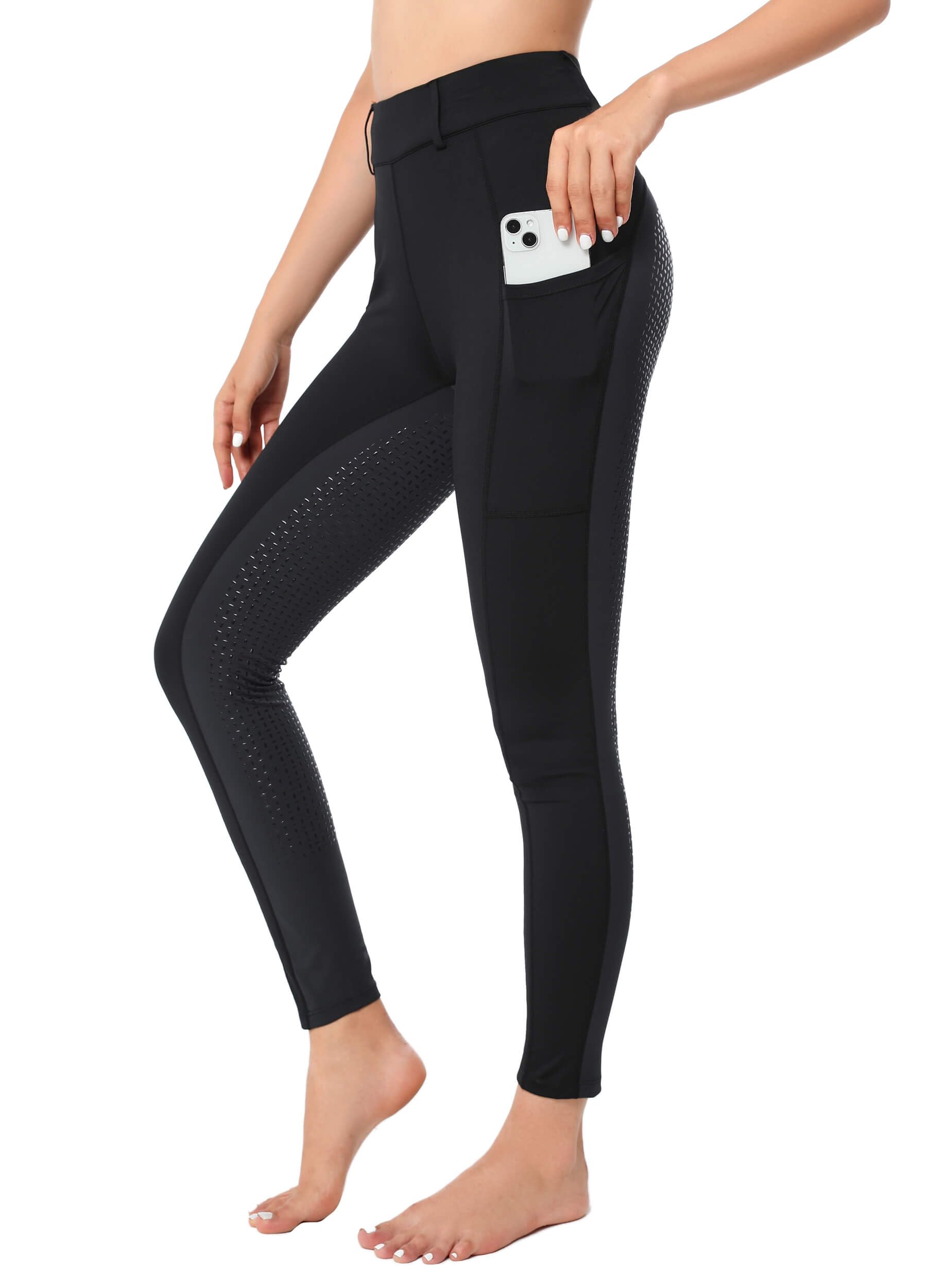 Legging d'équitation pour femme avec poche pour téléphone portable, taille haute, stretch, avec passants de ceinture, Blanc., L