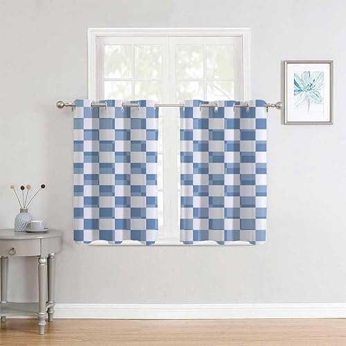 Cortina de cocina con líneas geométricas azules de celosía, cortinas divisoras modernas para cuartos separados, 85 pulgadas de ancho por 108