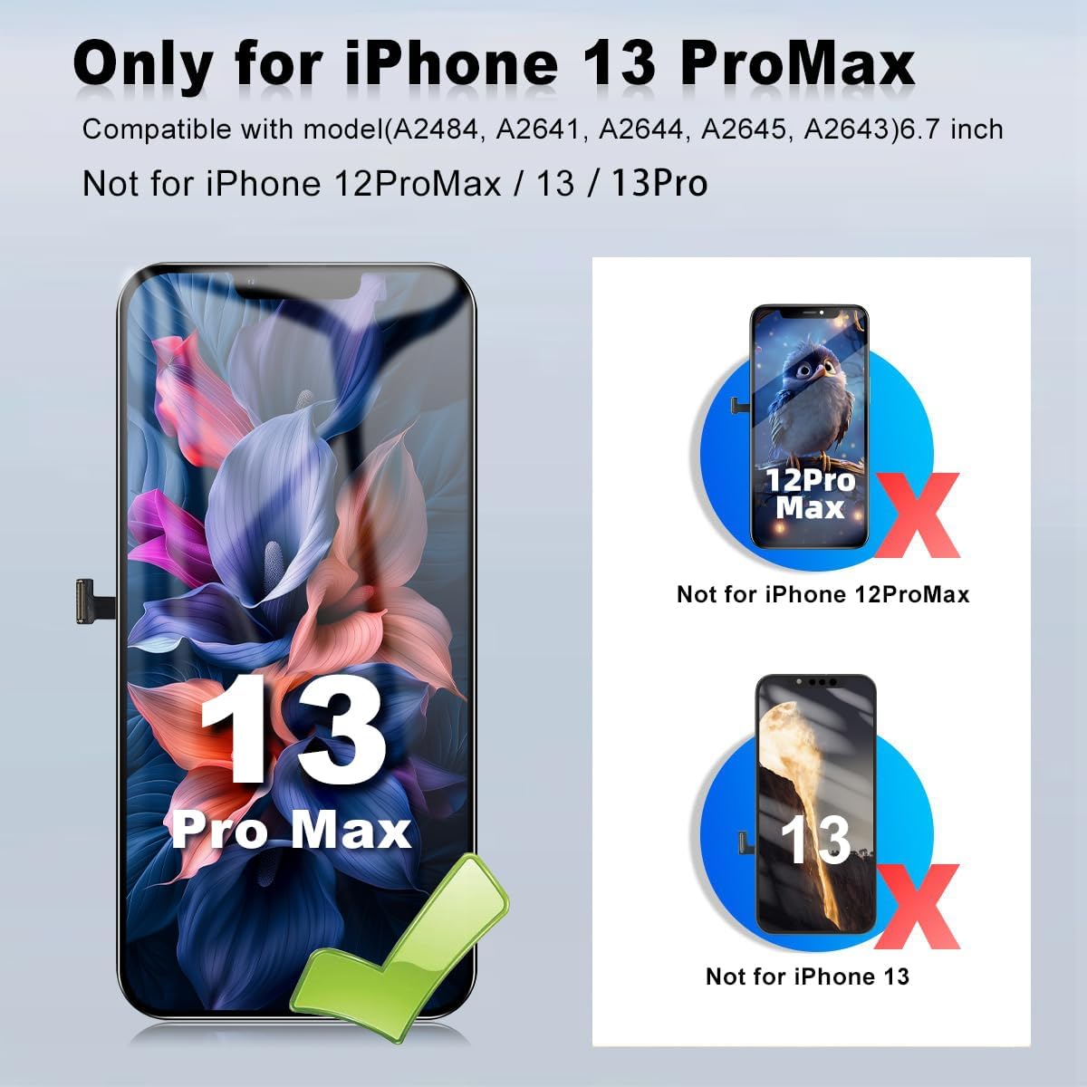 for iPhone 13 Pro Max Screen Replacement Kit 6.7 inch, Full HD LCD Display 3D Touch Screen Digitizer Full Assembly + Repair Tools.Compatibility A2484, A2641, A2644, A2645, A2643