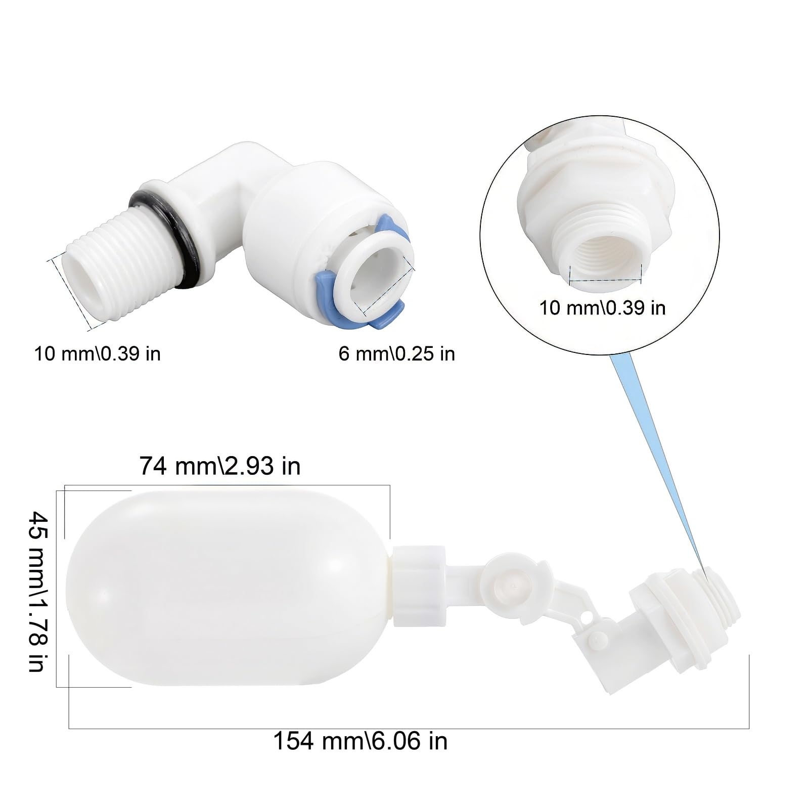 2 szt. zawór kulowy pływający z filtrem do wody z szybkim podłączeniem 1/4 cala, wciskany do podłączenia armatury, regulowany plastikowy zawór pływakowy do oczyszczaczy wody w akwarium, system odwróconej osmozy (biały)