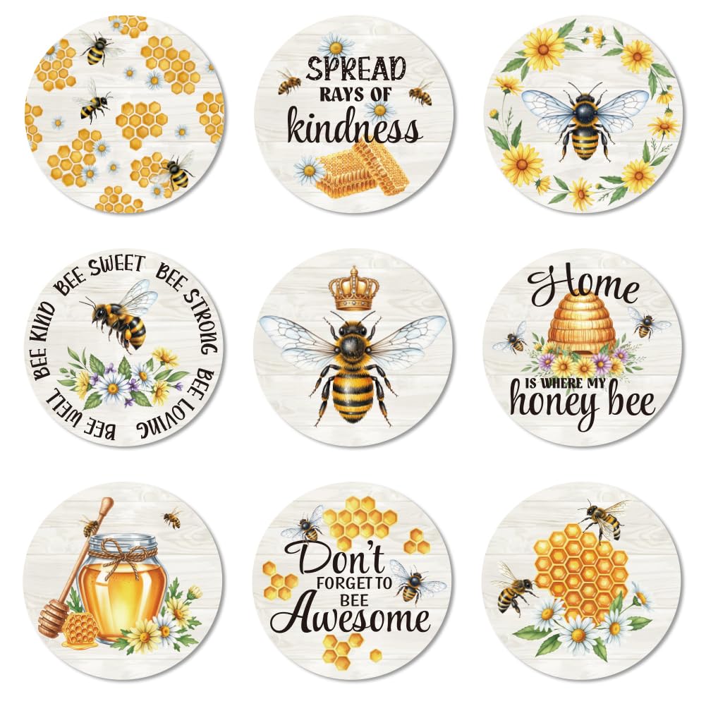 ANATTASOUL Bee Greeting and Flower Wood Coasters Set of 9 for Coffee Table