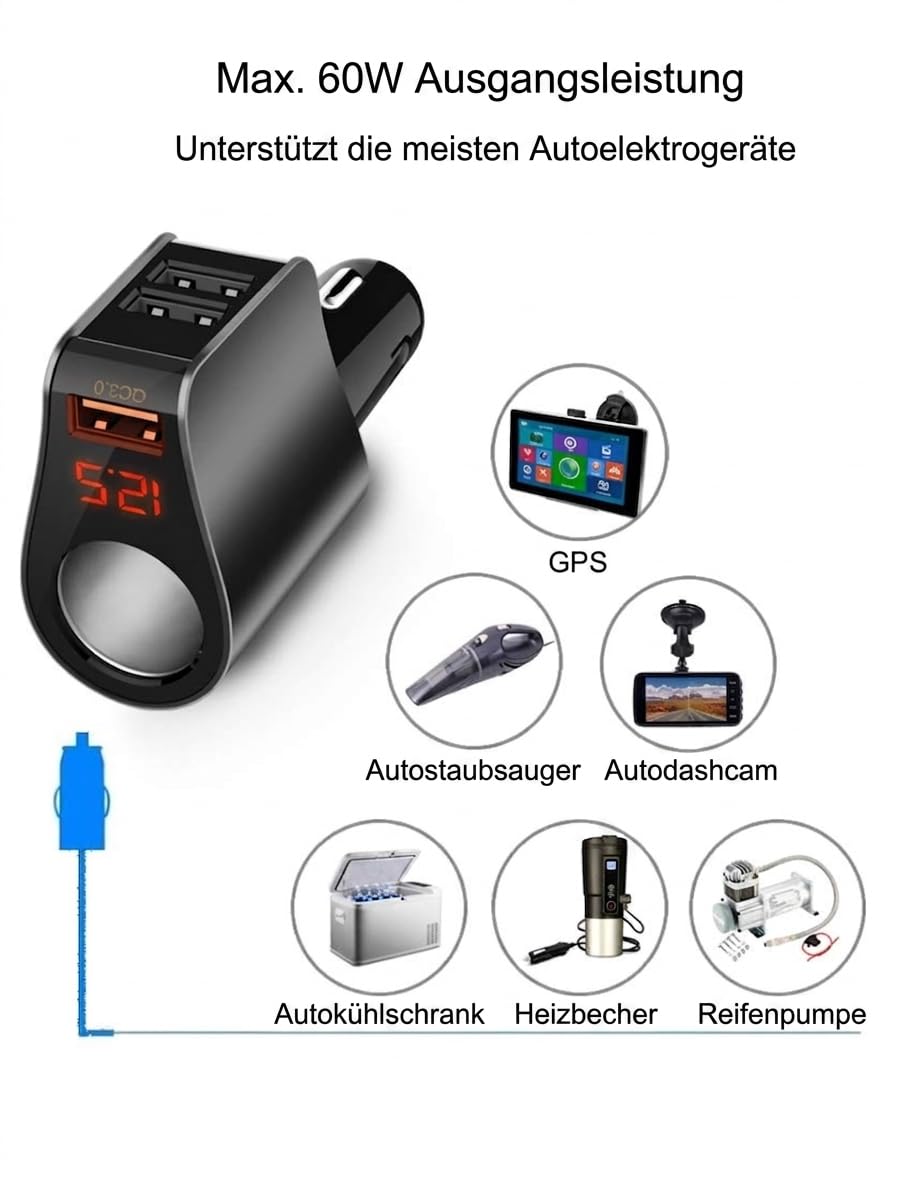 Rozdzielacz zapalniczki samochodowej 4 w 1, 80 W, ładowarka samochodowa z QC3.0 + 2 USB (3,1 A) i 12 V, woltomierz LED, zabezpieczenie przed przeciążeniem 12 V/24 V - do samochodów osobowych