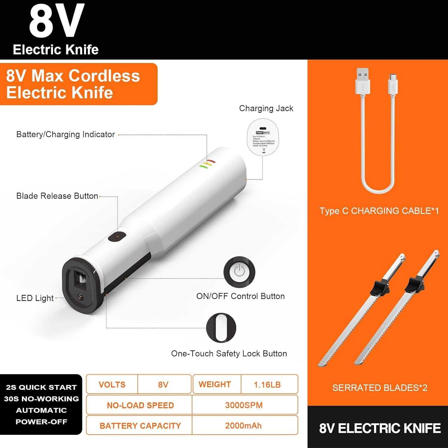 Cuchillo eléctrico inalámbrico para tallar carne con 2 cuchillas dentadas de acero inoxidable de 8 pulgadas y liberación de gatillo de bloqueo de seguridad, cuchillo para tallar eléctrico, cuchillo