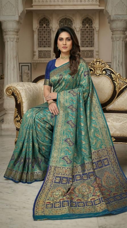 Image of C J Enterprise Women's Pure Soft Silk Saree With Blouse Piece For Wedding (Damru-Patola)