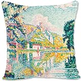 BONNIU Housse Coussin Decoratif 45X45 cm Protège Oreiller Velours Zippé Paysage Pointillisme Art Deco - Signac - Les Andelys Chateau Gaillard 1921 SN018
