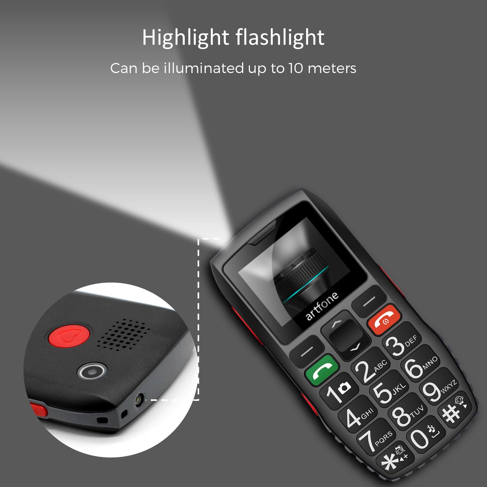 artfone C1Telefono Cellulare per Anziani con Tasti Grandi, GSM Senior Telefoni per Persone Anziane, Funzione SOS, Volume Alto, 1800mAh, Dual SIM, Fotocamera, Torcia Elettrica,Nero