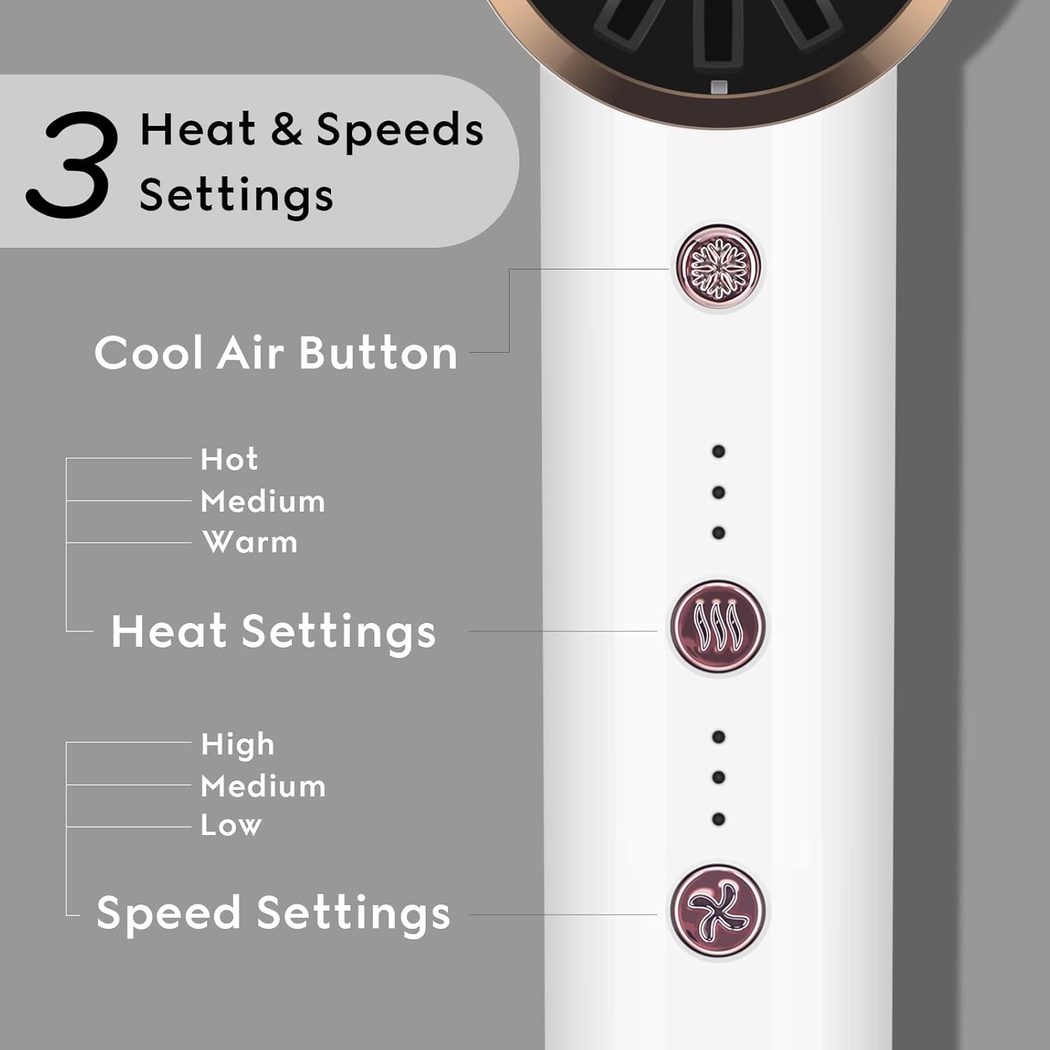 Diagram showing the heat and speed setting buttons on the hair dryer handle.