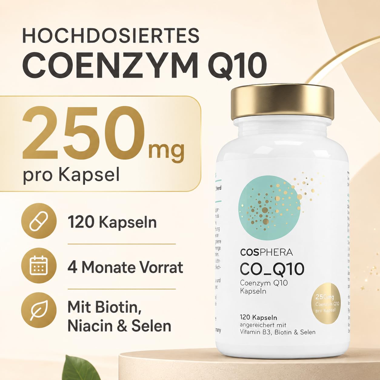 Coenzym Q10 - Hochdosiert mit 250 mg pro Kapsel. 120 vegane Kapseln im 4 Monatsvorrat - Angereichert mit Biotin & Niacin als Beitrag zum Erhalt normaler Haut & für einen normalen Energiestoffwechsel.
