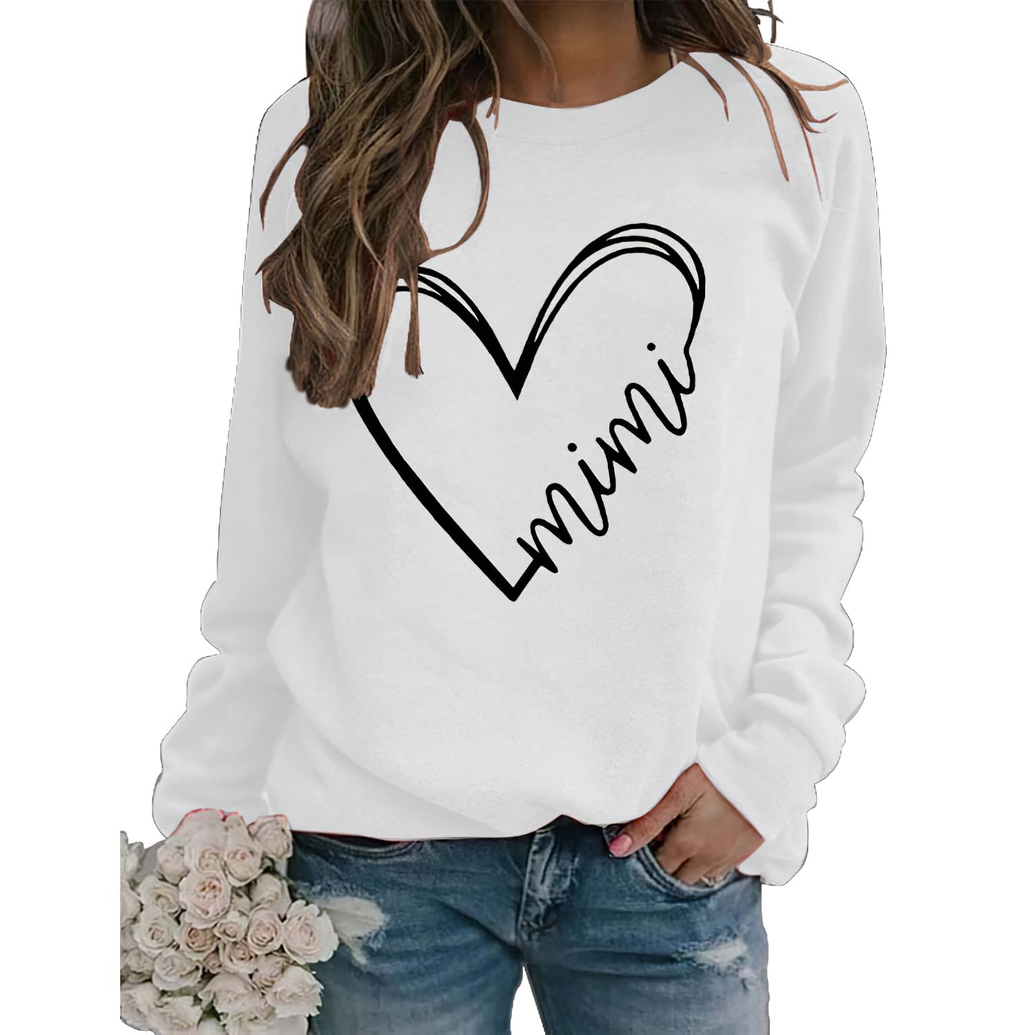Mimi Sweatshirt Women Funny Letter Graphic Print Shirt Grandma Gift Pullover Top Casual Long Sleeve Shirts Tee Black