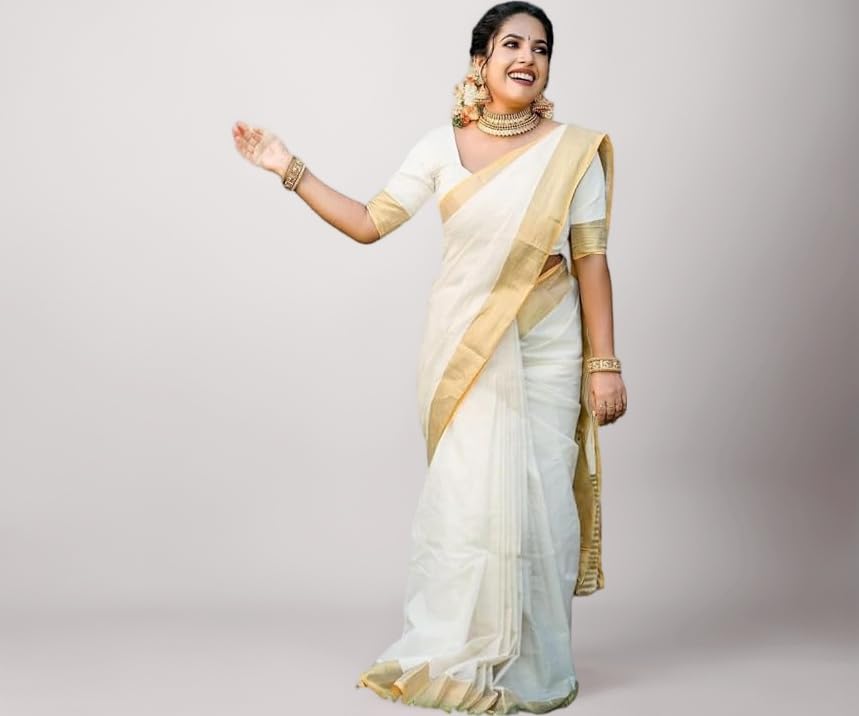 Women's Solid White Color and Gold Border Cotton Blend Saree With Unstitched Blouse Material - Special For Pongal Onam Festival (AZ-YS-OG1-PONGAL ONAM WHITE)