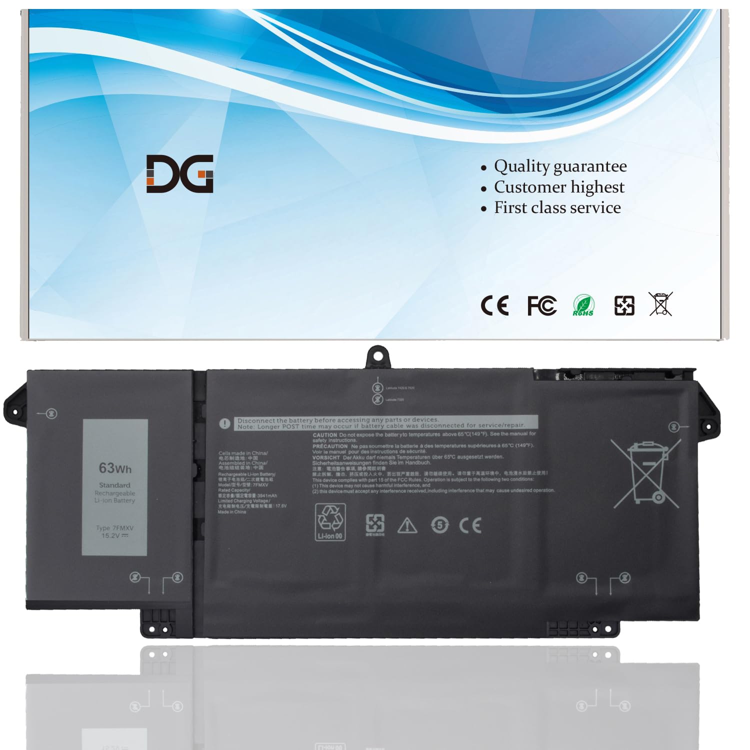 DGFTB 7FMXV Laptop Battery Replacement for Dell Latitude 5320 7320 7420 7520 Series Notebook TN2GY 4M1JN 1PP63 9JM71 HDGJ8 MHR4G 727CG CN-0727CG(15.2V 63Wh/3941mAh/4Cell)
