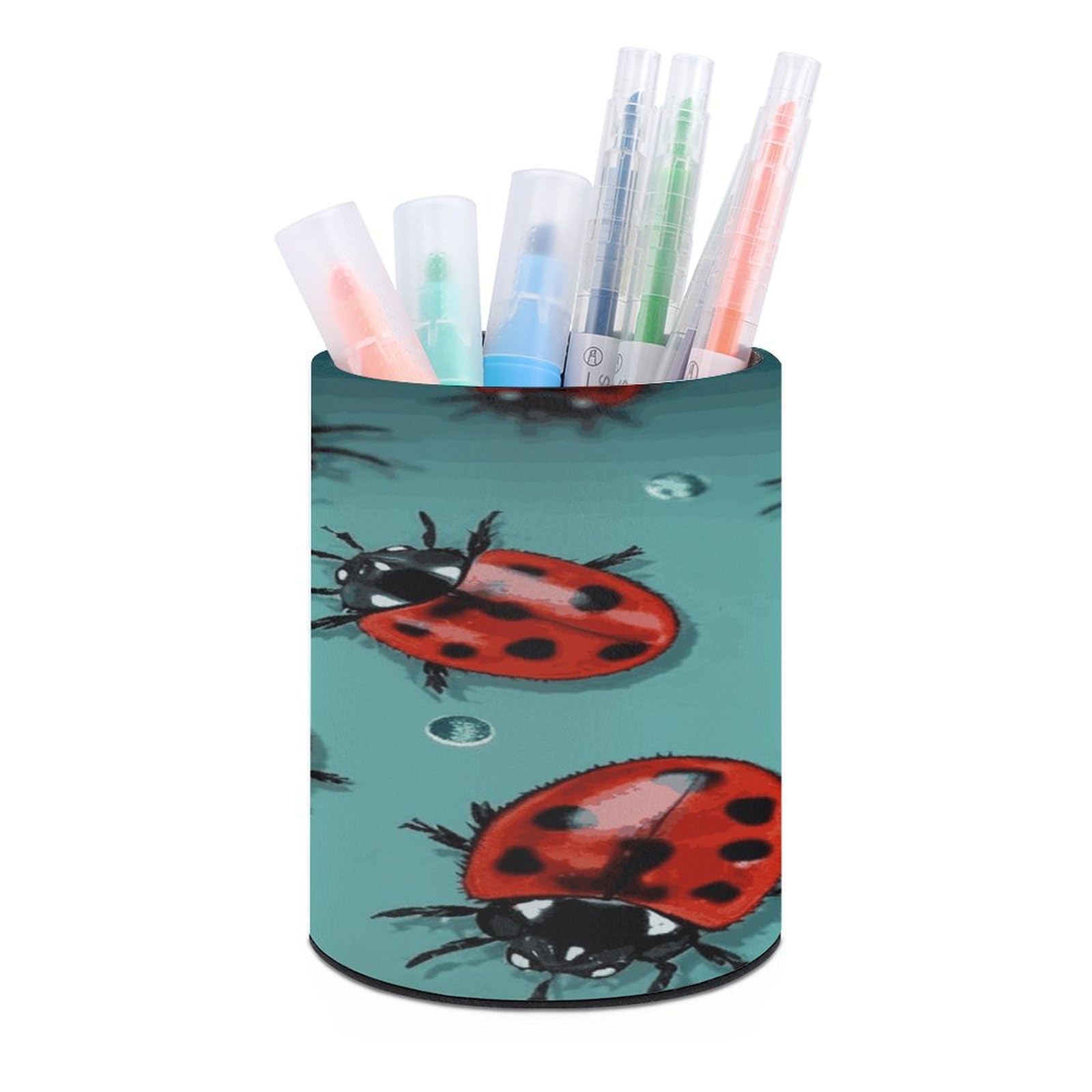 LDGSUPH Red Ladybugs On A Blue Background Round Pen Holder Leather Pen Cup Pencil Cup Pen Organizer Pencil Holder for Desk Organizer Pencil Organizers Makeup Brush Holders for Home Office Gift