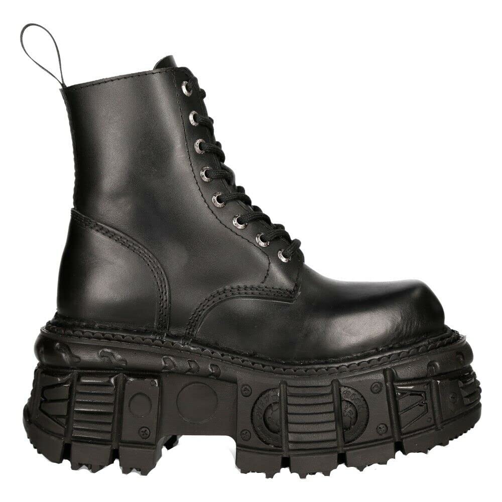 Stivali Unisex New Rock M-MILI084N-S5 in 100% Vera Pelle Techno Nera Metallizzata con Plateau e Chiusura con Lacci da Militare