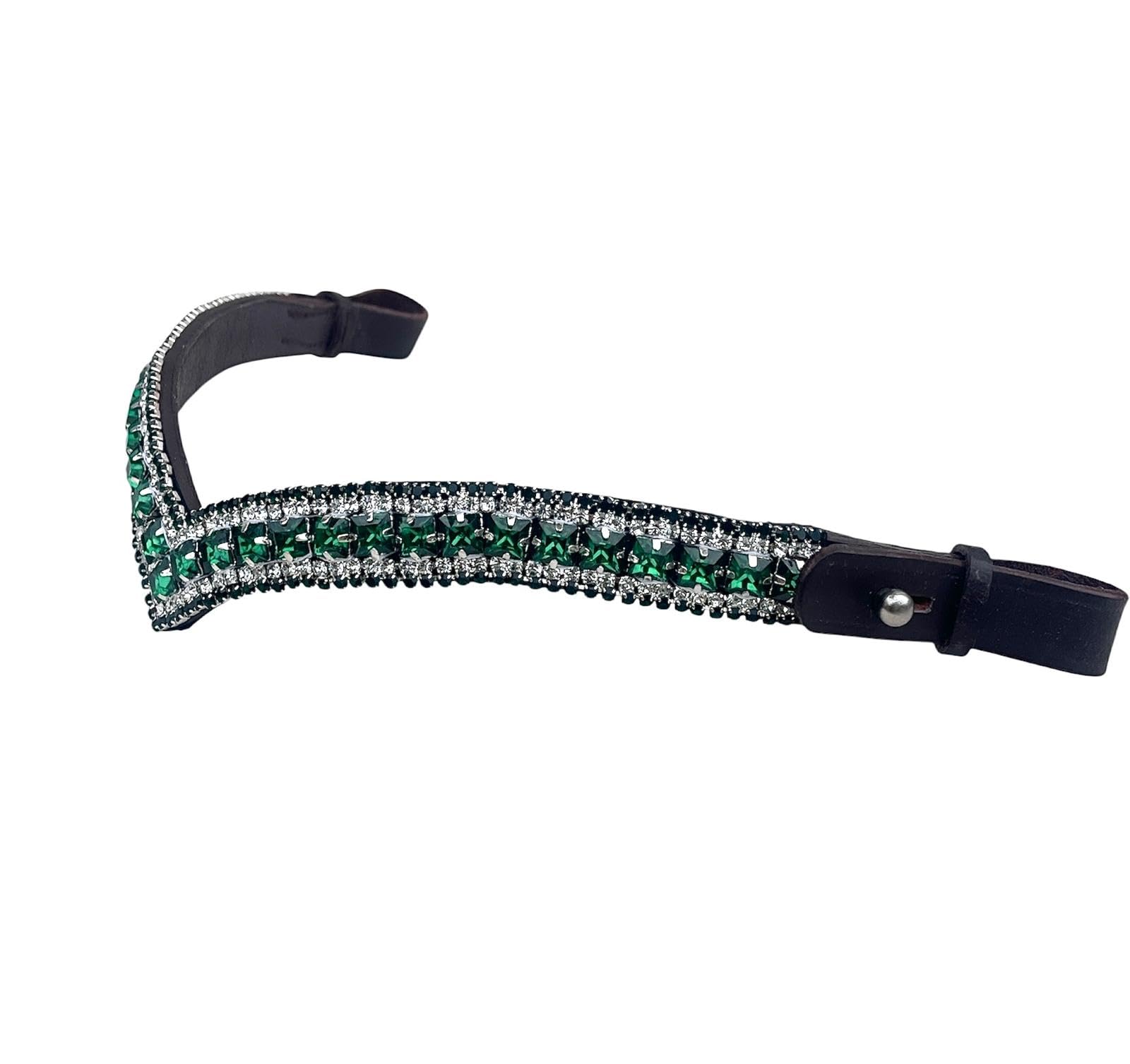 Benz Equestrian Emerald Green & Silver Crystal V-Shaped Browband for Horse in Brown Leather for Equestrian Purpose (Pony/Small , Brown)