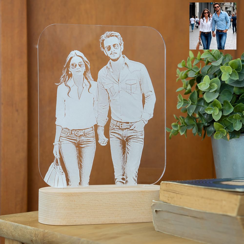 Lampe Personnalisée Gravée avec Photo et Veilleuse 3D – Cadeau Original pour Anniversaire, Saint-Valentin et Fête – Idéale pour Couples, Amis et Famille (Blanc chaud)