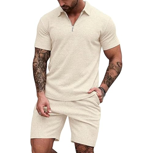 EISHOPEER Men's Polo Shirt and Shorts Set Fashion Zipper 2 Pieces Outfits