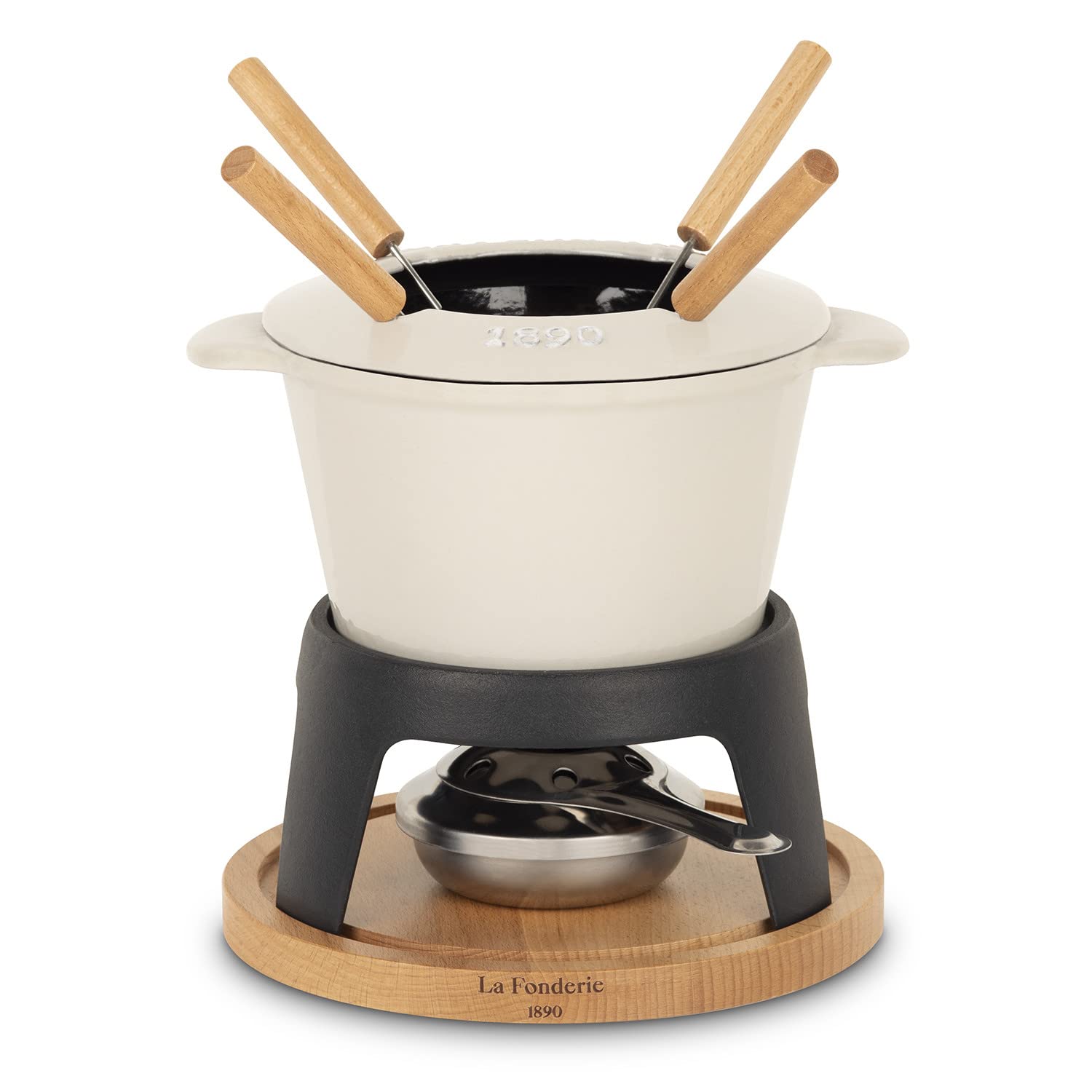 Set per fonduta in ghisa per 4 Persone Mont Joly, per fondute di Formaggio e Cioccolato, Coperchio antischizzi, 4 forchette con Manici in Legno di faggio, capacità 1,2 L, Beige