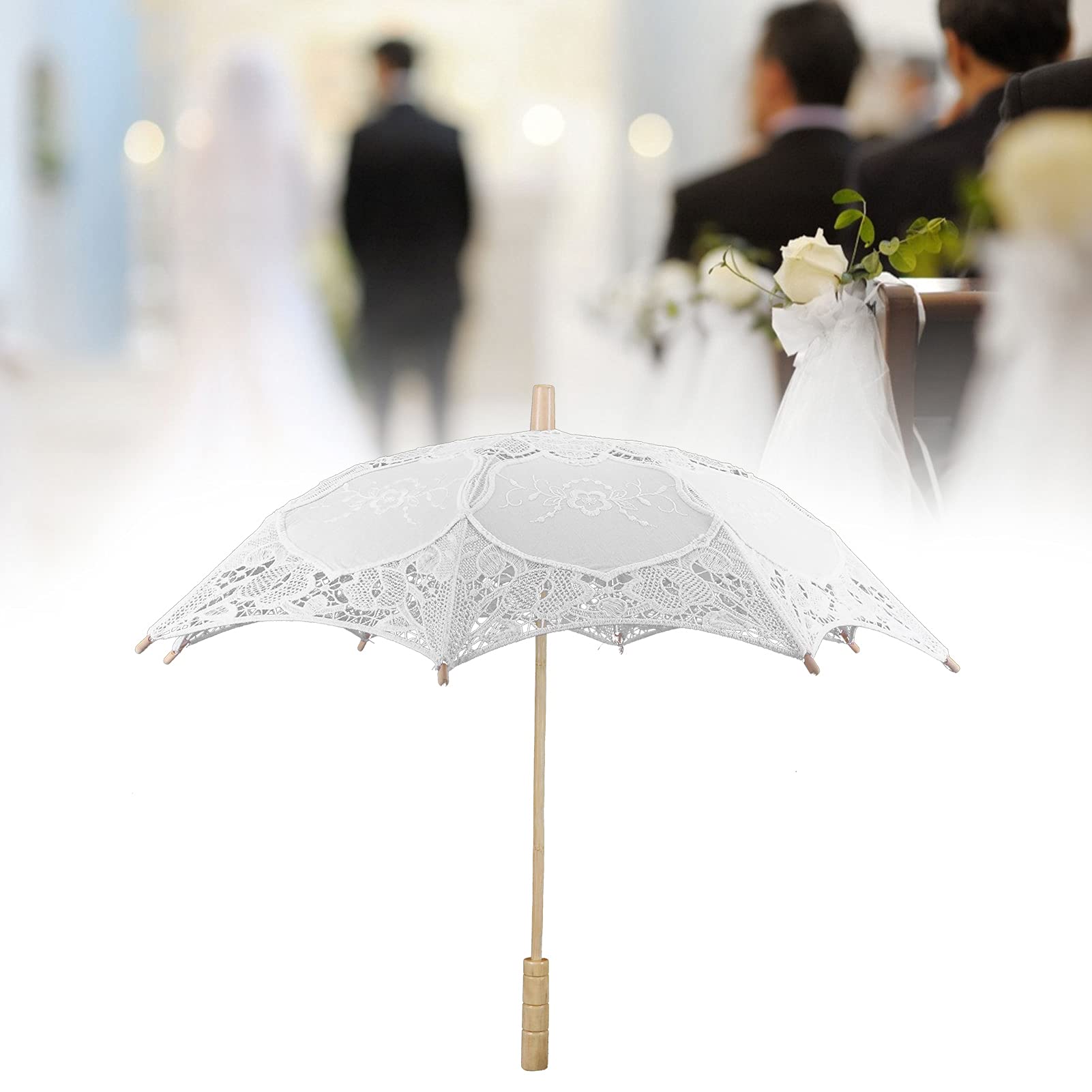 Natudeco Parapluie blanc en dentelle Broderie Parasol Mini Décoration Danse Parapluie Mariage Photographie Props Parapluie pour Fête, Concerts, Théâtres, Performance sur scène