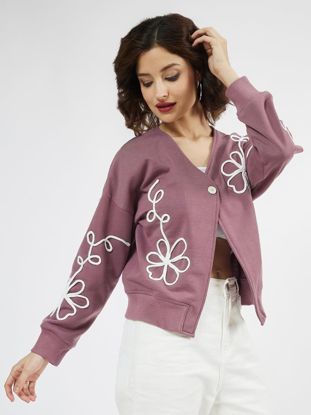 Athena Lifestyle Women and Girls Cotton Regular Long Sleeves Self Design V-Neck Ribbed Knitted Mauve Casual Sweatshirt 2